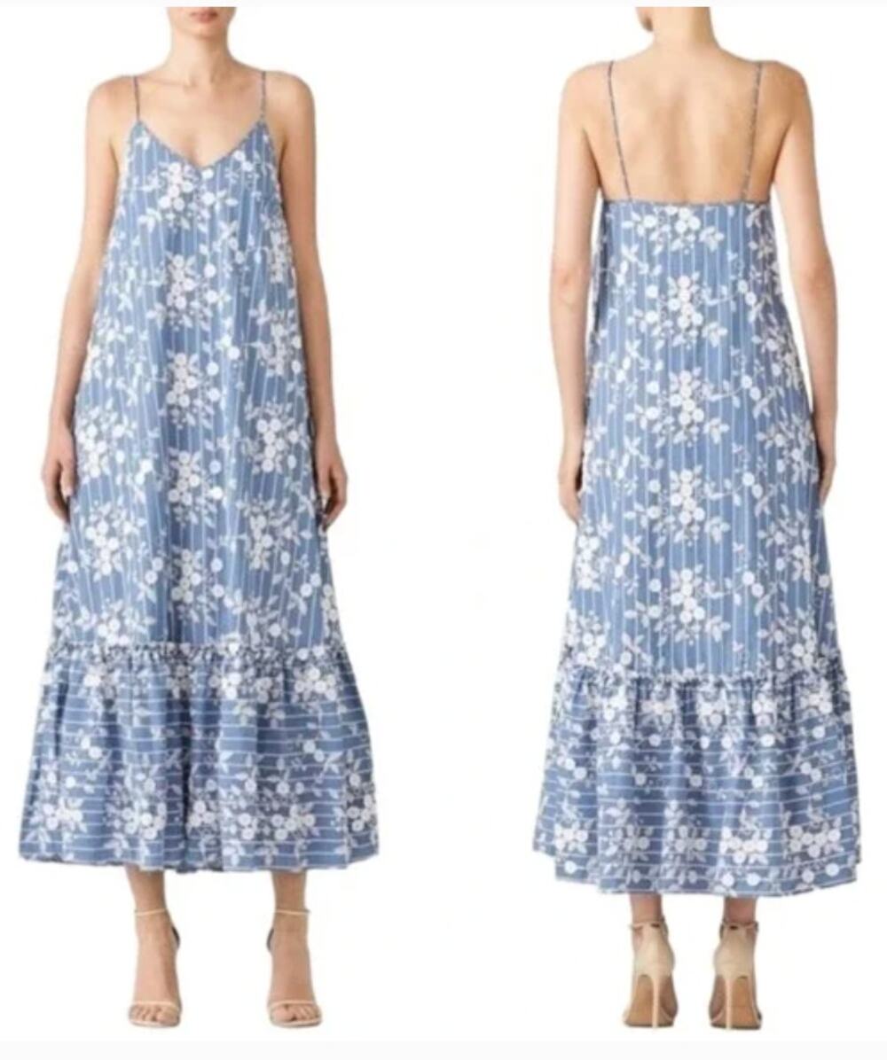 NICHOLAS Bloom Blue & White Floral Embroidered Striped Maxi Dress Size US 8